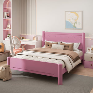 English Elm Queen Platform Bed Frame - Solid Rubberwood Construction, 10 Slats Support, No Box Spring Needed, Stylish Headboard and Under-Bed Storage Space Pink 63.39 L x 18.7 W x 4.53 H W1716S00024