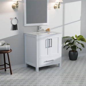 English Elm White 30 in. Bath Vanity with Carrara Marble Top, Soft-Close Drawer, Chrome Faucet, Spacious Storage B2731P258993