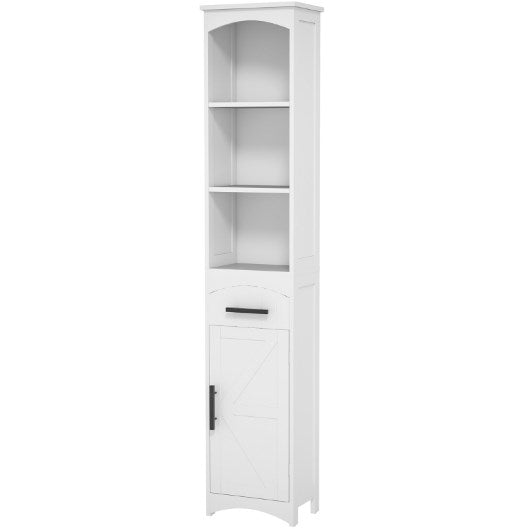 English Elm Narrow Farmhouse Storage Cabinet Sliding Barn Door Weathered Oak Finish Bathroom Tower T3971P430759