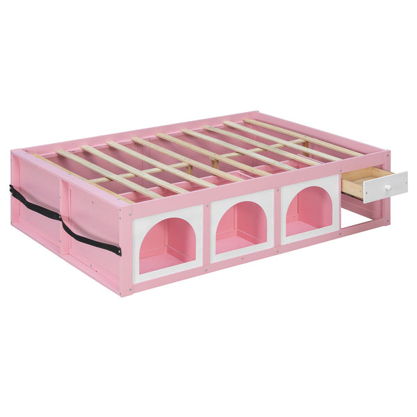 English Elm Full Size Kids Platform Bed with Led Lighting Bookshelf Display Cabinet and Storage Drawer Pink+White N820S00077H