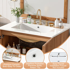 English Elm Modern 48 Inch Freestanding Bathroom Vanity Dual Ceramic Sinks Soft Close Gold Handles N729P000012O