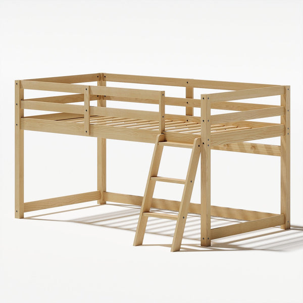 English Elm Kids Twin Low Loft Bed with Built-In LED Strip, Solid Pine Convertible Bunk Frame, Modern Durable Design Oak W1820P331924