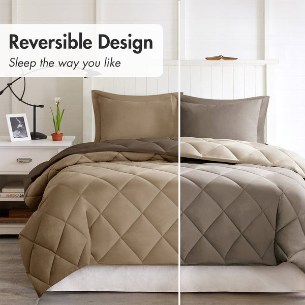 JLA Home Madison Park Essentials - 3M Ultra-Soft Microfiber Reversible Comforter Set with Diamond Quilting, Scotchgard Stain & Odor Defense Brown/Sand BASI10-0197