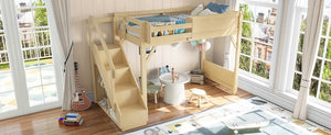 English Elm Twin Low Loft Bed Solid Pine Frame Kids Study Desk Blackboard Storage White Natural W1580S00547