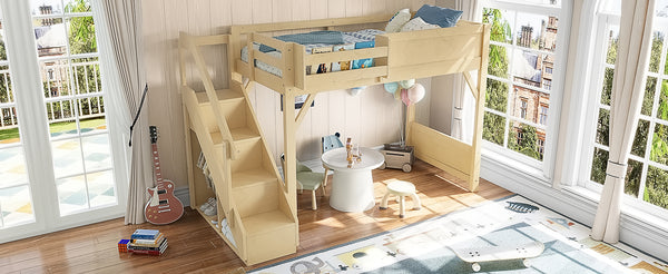 English Elm Twin Low Loft Bed Solid Pine Frame Kids Study Desk Blackboard Storage White Natural W1580S00547