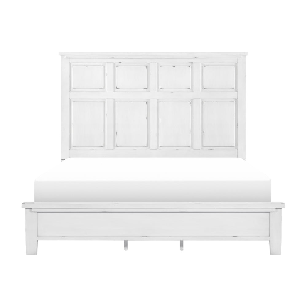 English Elm Antique White Panel King Bed Farmhouse Cottage Wood Frame with Picture Molding B011S01518
