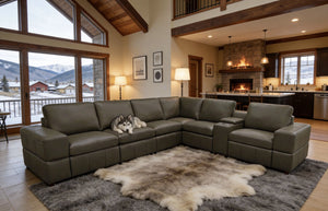 English Elm Premium Leather Match Sectional with Dual Recliners Square Arms and Console Storage Olive Green B2748S00158