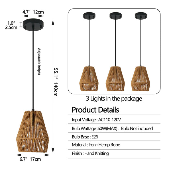 English Elm 7" Rustic Hemp Rope Pendant Light Set of 3 - Handcrafted Farmhouse Ceiling Lamps, Adjustable Height, Natural Woven Iron Fixture for Kitchen Island, Dining Room, Living Room W2312P368682