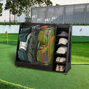 English Elm Gray Wooden Golf Organizer Rack with Drawers for Garage Club Bag Shoe Storage Black W1422P296367