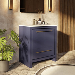 English Elm Navy Blue Single Bath Vanity With Cultured Marble Top, Gun Metal Faucet & 28 In. Mirror Set B2731S02049