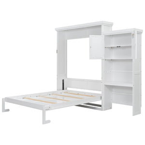 English Elm Queen Size Murphy Bed With Stylish Louvered Design, Multi-Storage Shelves, And Elegant White Finish N7090004018K-GIGA