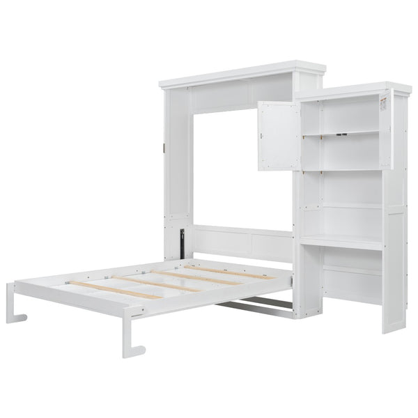 English Elm Queen Size Murphy Bed With Stylish Louvered Design, Multi-Storage Shelves, And Elegant White Finish N7090004018K-GIGA