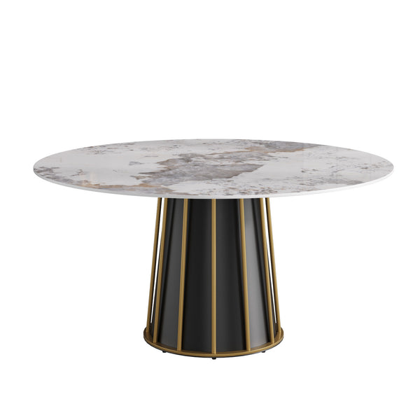 English Elm 59.05"Modern 59.05" Modern Round Dining Table With Premium Sintered Stone Top & Iron Base For 6-8 People W1535S00446
