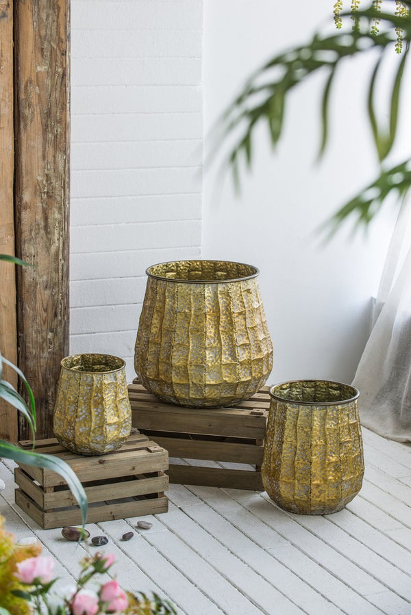 English Elm Set of 3 Distressed Zinc Metal Planters with Aged Golden Finish for Farmhouse Decor W2078P499531