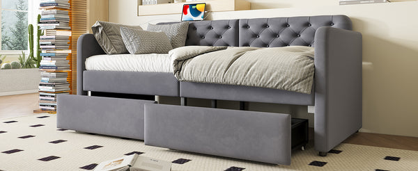 English Elm Twin Velvet Daybed with Storage Drawers Tufted Sofa Bed for Guest or Studio Rooms W1670P410536