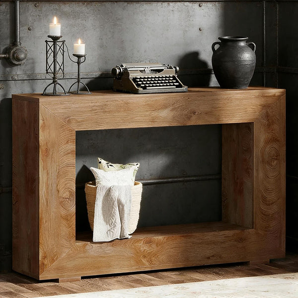 English Elm Entryway Console Table with Sculptural Stacked Wood Panels and Open Arc Base T3971P451449