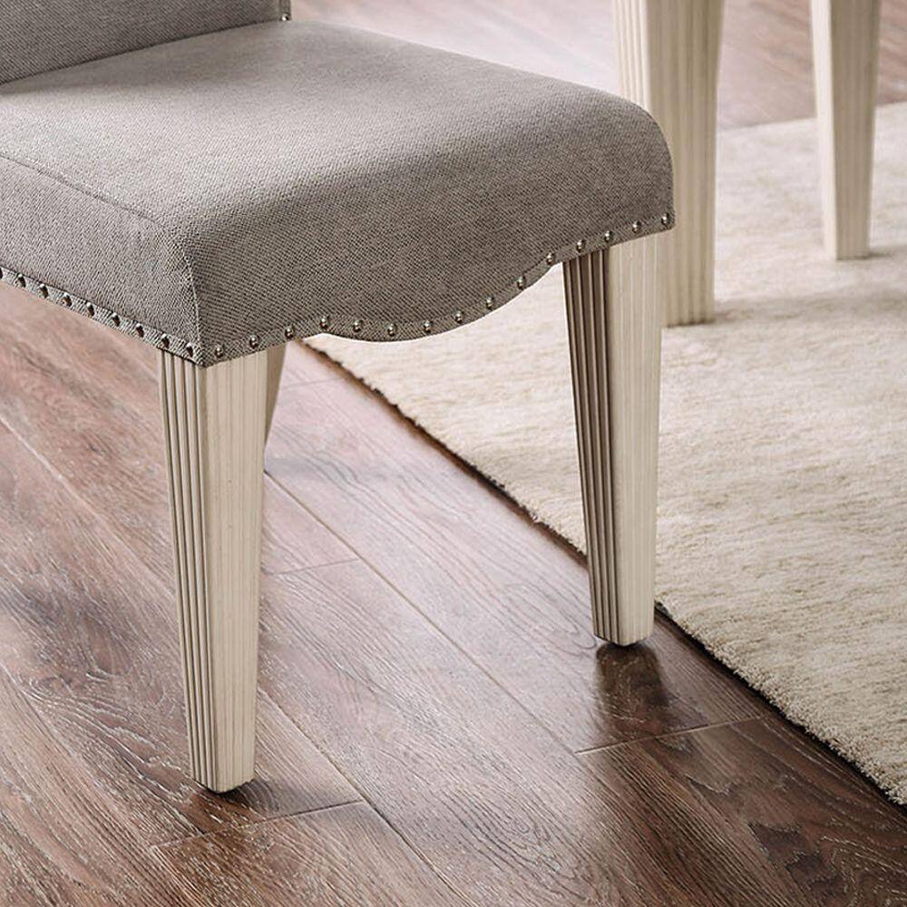 English Elm Transitional Antique White 2pc Side Chairs with Gray Fabric, Camel Back, Nailhead Trim & Fluted Legs B011P208978