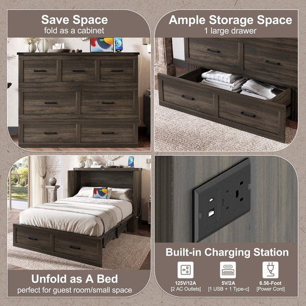 English Elm Murphy Full-Size Cabinet Bed with Built-In Charging Station, Storage Drawer & 700lb Capacity Comfort Gray 52.5 L x 26 W x 5.5 H N733S293995G