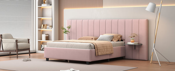 English Elm Queen Upholstered Platform Bed with Oversized Velvet Headboard, Built-In Shelves, Modern Comfort and Support for Relaxation Pink SF000138AAH