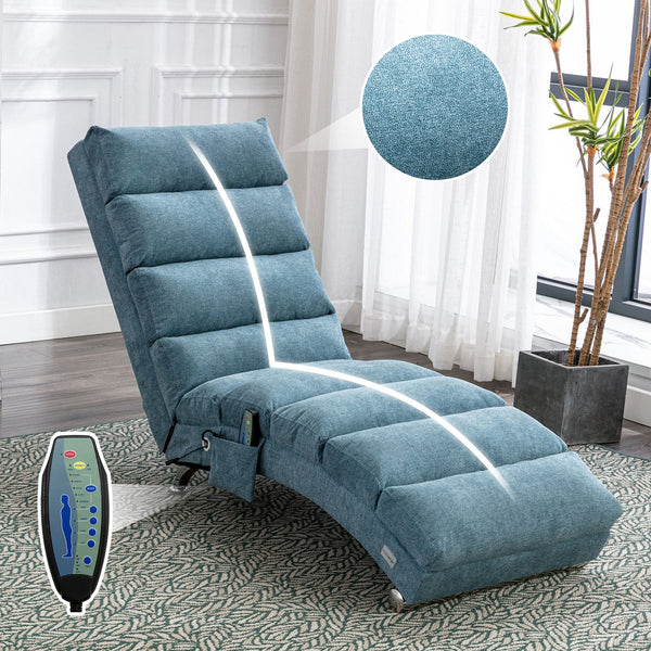 English Elm Linen Ergonomic Massage Chaise Lounge with Remote Control, 140° Recline, Heavy-Duty Frame, 5 Modes Blue W39539624