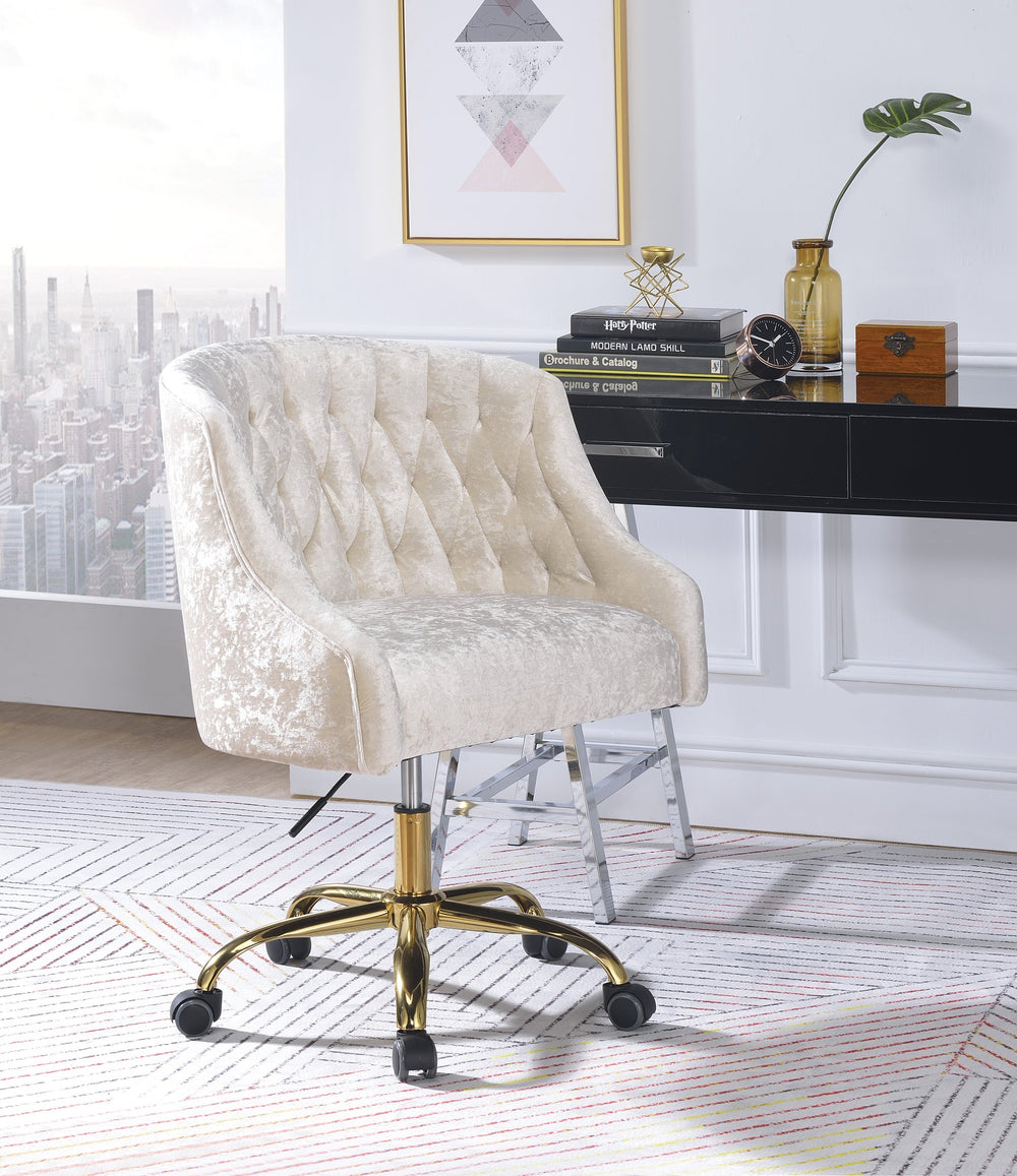 English Elm Levian Cream Velvet Office Chair with Gold Base, 360° Swivel, Adjustable Height, Tufted Comfort B2726P266289