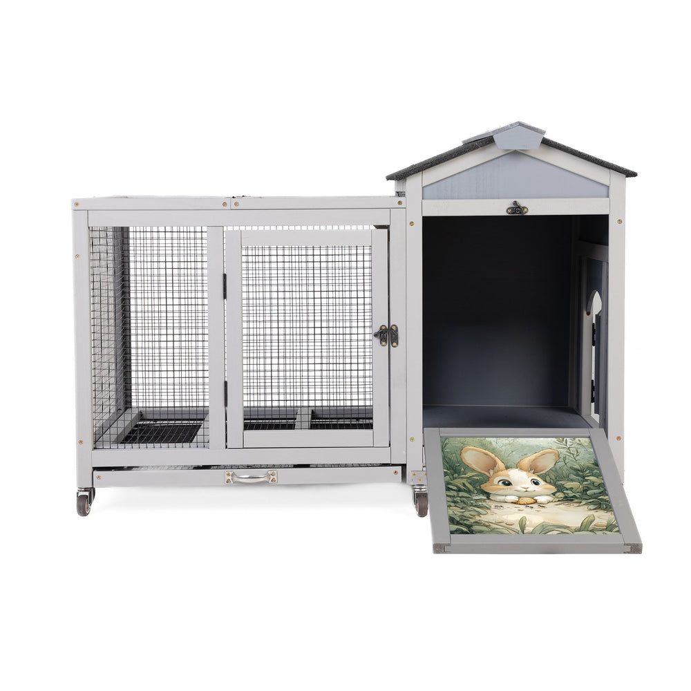 English Elm Wooden Pine Rabbit Hutch Dual Compartment Pet House with Casters Weatherproof Roof W2181P356189