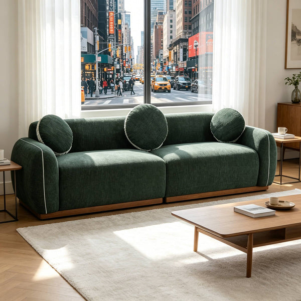 English Elm 90.94'' Three Seat Contemporary Curved Sofa with Round Accent Pillows for Modern Living Green W2085S00094