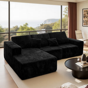 English Elm 112.99"Cloud Long-Pile Corduroy Sectional Sofa with L-Shape Chaise, Modular Deep-Seat Comfort for Living Room Black W3276S00009