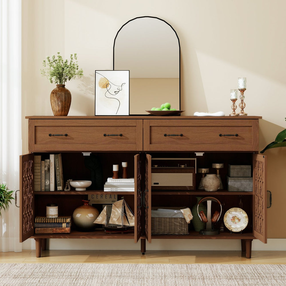 English Elm 4 Door Sideboard Buffet with Hand Carved Geometric Panels Black Oak Finish Raised Legs W688P359947