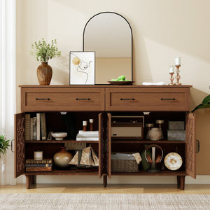 English Elm 4 Door Sideboard Buffet with Hand Carved Geometric Panels Black Oak Finish Raised Legs W688P359947