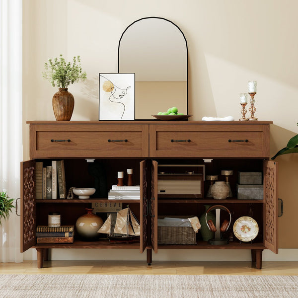 English Elm 4 Door Sideboard Buffet with Hand Carved Geometric Panels Black Oak Finish Raised Legs W688P359947