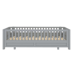 English Elm Twin Xl Convertible Platform Bed With Guardrails, Solid Wood Frame In Gray - Safe & Stylish Sleep Solution W1580S00242-GIGA