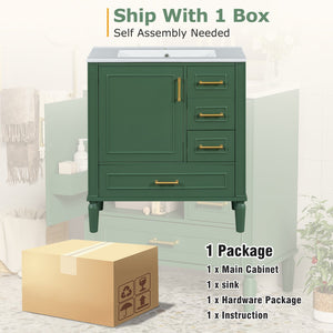 English Elm Traditional 30" Bathroom Vanity with Ceramic Basin, Soft-Close Door & Drawers, Gold Handles, Durable Wood Finish Green N729P184479F