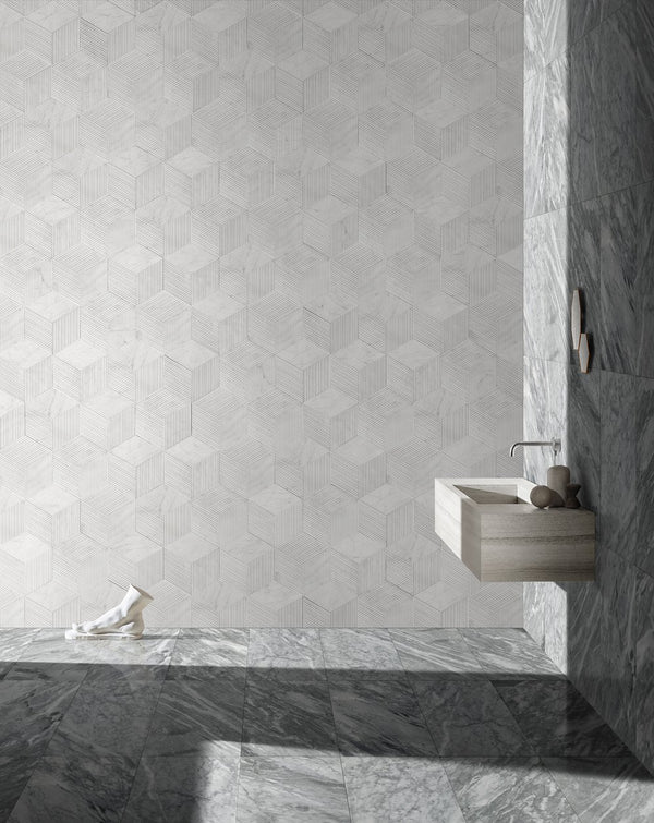 English Elm Hexagon Snow Mountain White Marble Tiles - Textured, 3D Fluted Design For Elegant Bathroom Walls W1696P262342