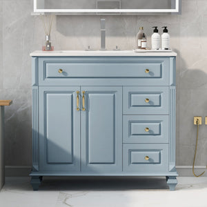 English Elm 36" Bathroom Vanity - Modern Blue Grey Solid Wood Cabinet With Elegant Gold Handles & Ample Storage N725P356069E