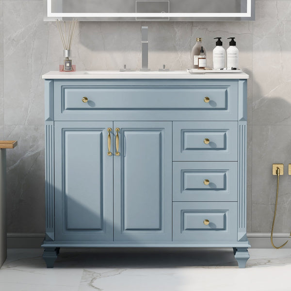 English Elm 36" Bathroom Vanity - Modern Blue Grey Solid Wood Cabinet With Elegant Gold Handles & Ample Storage N725P356069E