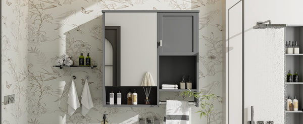 English Elm 29'' Wall Mounted Bathroom Cabinet with Mirror Towel Bar and Adjustable Shelving N710P209440E
