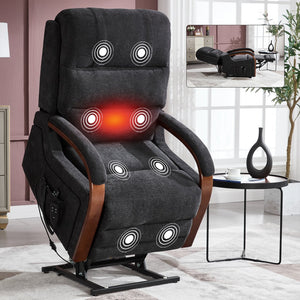 English Elm Power Lift Recliner Chair Chenille Upholstery Dual Motor Heat Massage Solid Wood Arms Black W1803S00076