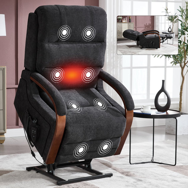 English Elm Power Lift Recliner Chair Chenille Upholstery Dual Motor Heat Massage Solid Wood Arms Black W1803S00076