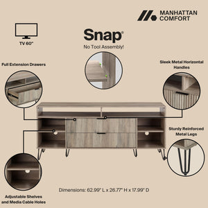 English Elm Dumbo 63" Fluted Media Console with Gold Legs, 2 Drawers, 6 Shelves & Wire Management Elegance Grey B365P397919