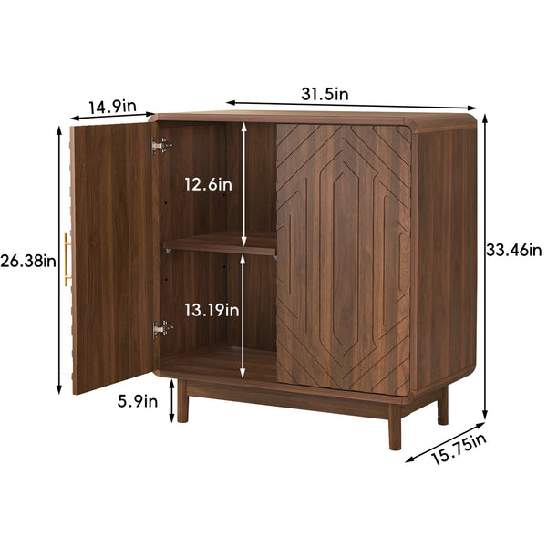 English Elm Walnut-finish Carved Sideboard Buffet Cabinet with Adjustable Shelves and Gold Handles W5389P463605
