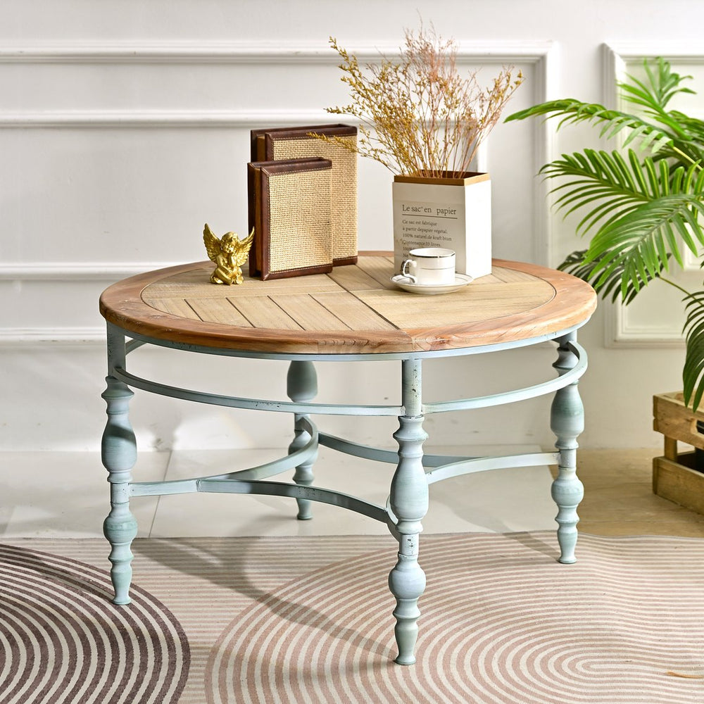 English Elm 31.50" Hand-carved Distressed Wood Round Coffee Table with Metal Legs for Living Room W3933P379162