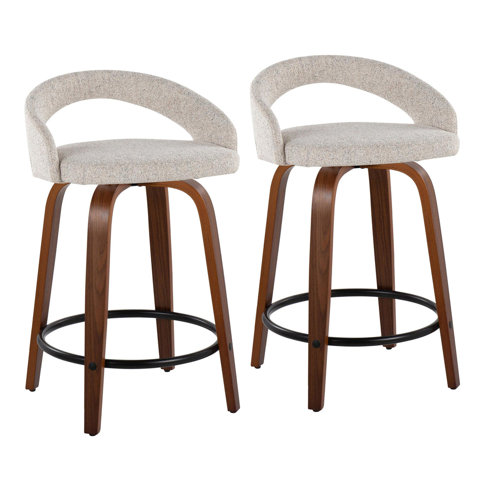 English Elm Fixed-height Swivel Counterstools with Walnut Bent Wood Legs and Upholstered Seats Set of 2 B202S01746