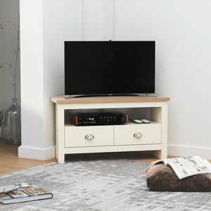 English Elm HOMCOM Corner TV Stand for TVs up to 50" — Trapezoid Corner Console with Drawers & Open Shelf, White W2225P217448
