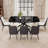 Hearth and Haven 1 Table and 8 Chairs Set.A Rectangular Dining Table with a Imitation Marble Black Table Top and Black Metal Legs.Paired with 8 Chairs with Leatherette Leather Seat Cushion and Black Metal Legs.F-1537, C-007 W1151S00968 W1151S00968