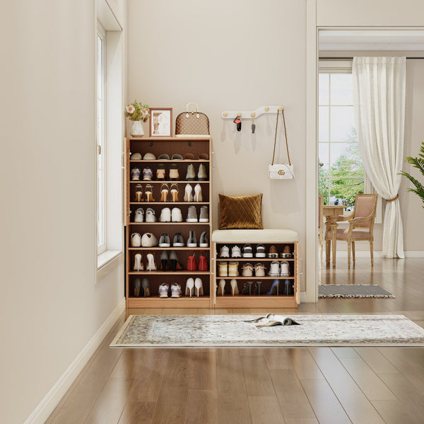 English Elm Multi Functional Shoe Storage Cabinet with Bench and Cushion, 7+3 Adjustable Panels, Ventilated Design for Entryway Oak 51.97 L x 17.32 W x 10.24 H W2948P242706