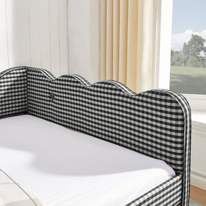 English Elm Full Size Gingham Linen Daybed with Wave Backrest Trundle and Usb Charging Port Black W1413S00141