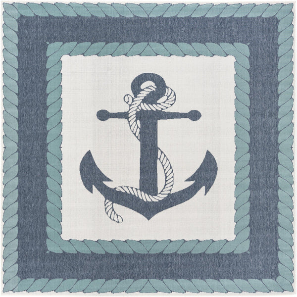 Unique Loom Outdoor Coastal Anchor Machine Made Border Rug Navy Blue, Light Blue/Ivory 7' 10" x 7' 10"