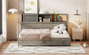 English Elm Full Size Gray Wood Daybed with Storage Drawers Shelf Usb Charging Upholstered Back LP002025AAE-1