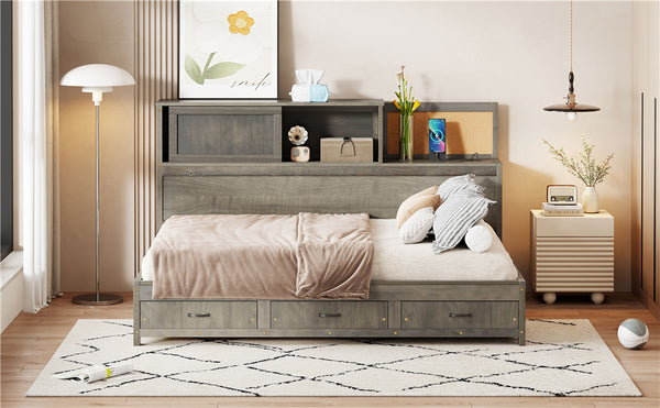 English Elm Full Size Gray Wood Daybed with Storage Drawers Shelf Usb Charging Upholstered Back LP002025AAE-1